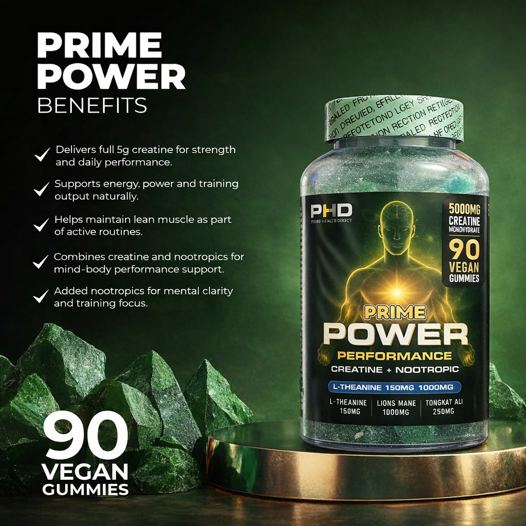 Prime Power 5,000mg Creatine Gummies with L-Theanine, Lions Mane & Tongkat Ali | EuroFins Lab Tested | Halal | Simply the best-tasting creatine Gummies-Guaranteed